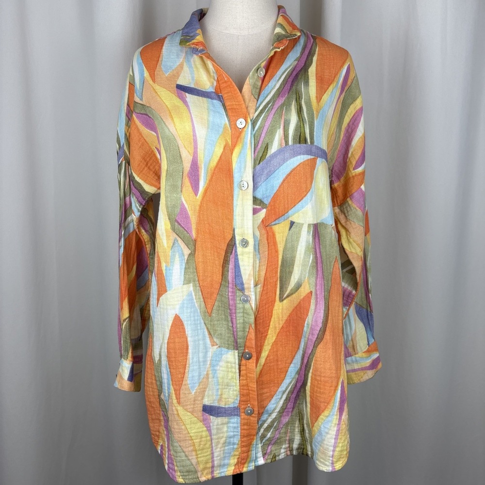 Soft Surroundings Tunic S Colorful 100% Cotton Gauze Long Sleeve Button Up Shirt